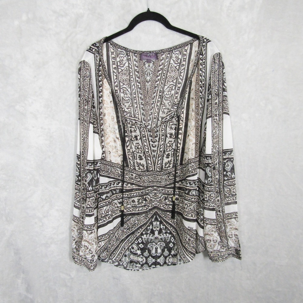 Hale Bob Womens L Long Sleeve Blouse Tunic Bohemian Print Black White Boho Top